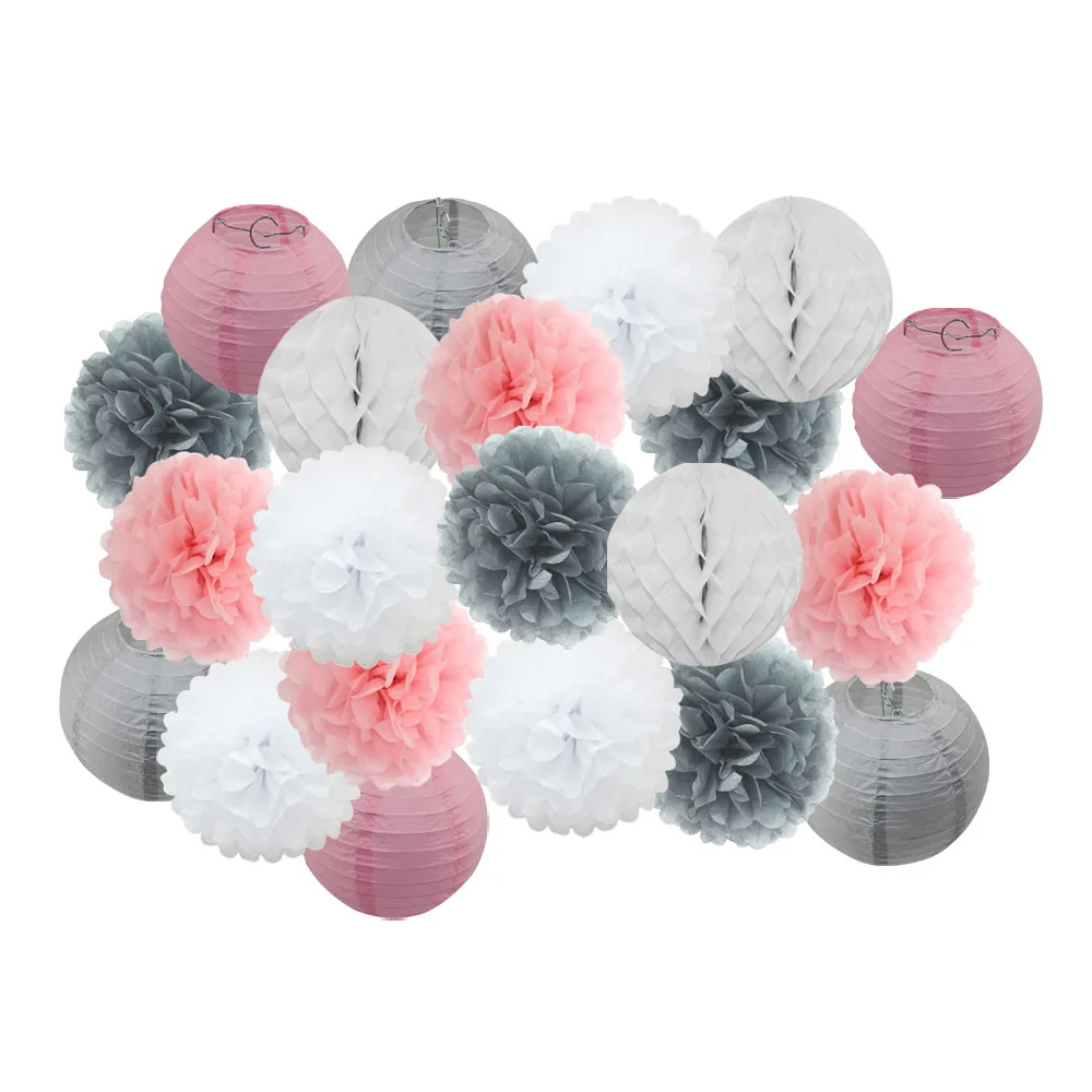 pink grey set Горячая распродажа 21 шт./компл. розовый набор круглых Бумага Фонари для маленьких девочек украшение для детей крещение вечерние декор висит Изделия из бумаги орнамент - Цвет: pink grey set