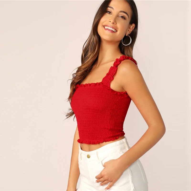 SweatyRocks женский топ с оборками на бретелях и подоле, лето, уличная одежда, Boho Tanks, укороченные однотонные топы, женский эластичный тонкий жилет