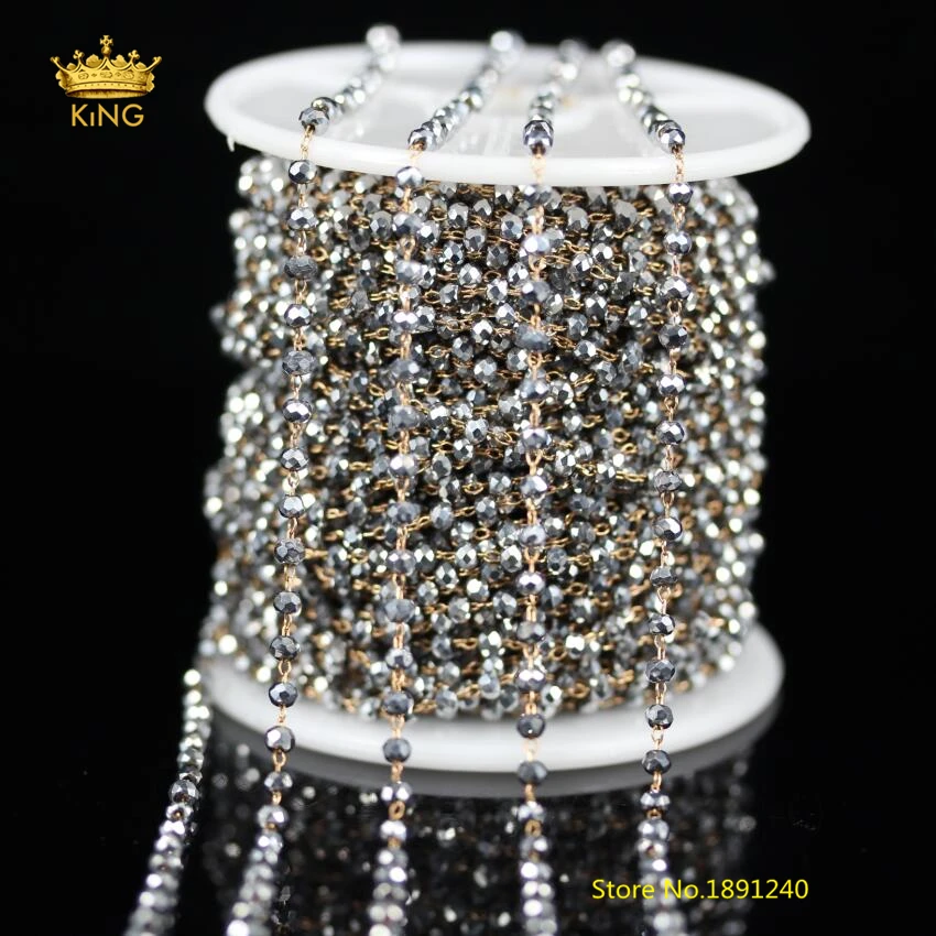 

5Meters 2x3mm Faceted Glass Wire Wrapped Silver Titanium Glass Cut Rondelle Beads Fashion Chains Beading Bracelet Chains ZJ108