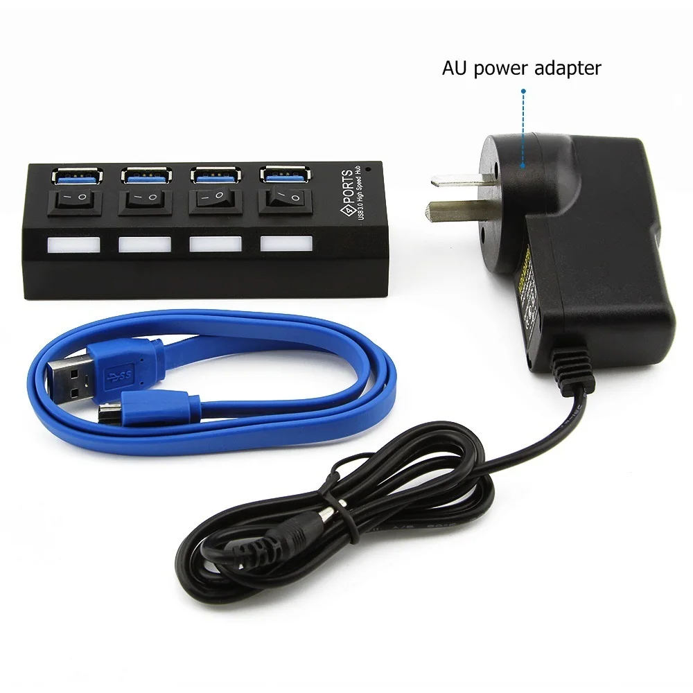 CHYI USB 3,0 концентратор 4 порта сплиттер с СВЕТОДИОДНЫЙ Переключатель ВКЛ/ВЫКЛ USB3.0 кабель AU/EU/US/UK внешний адаптер питания для ПК ноутбука - Цвет: AU Power Adaptor