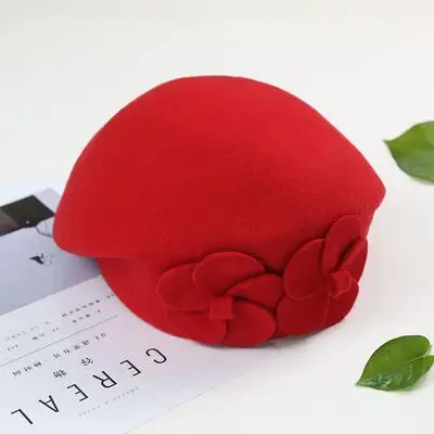 Flower French Trilby Wool Soft Stewardess Hat gorras planas New Fashion Women Beret Hat For Women Beanie Female Cap - Цвет: red