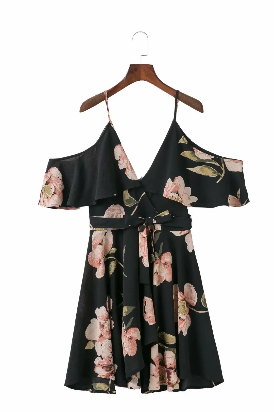 С открытыми плечами Глубокий V шеи Boho Цветочный принт мини-платье с оборками