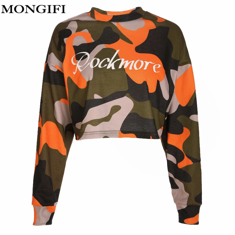 MONGIFI письмо Камуфляж Толстовка Для женщин укороченный топ Camo Hoodie Толстовки с