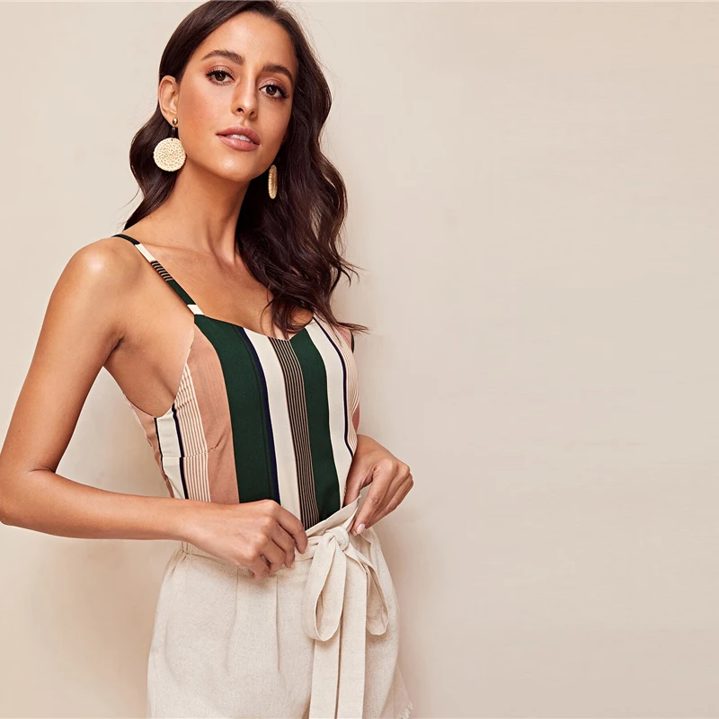 COLROVIE Multicolor Spaghetti Strap Striped Casual Cami Top Women Summer Streetwear Color Block Sexy Ladies Tee Shirts