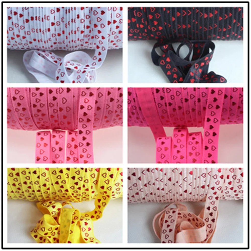 

100yards/lot 5/8" FOE Elastic Headband Gold Foil Heart, Valentine'Day Fold Over Elastic Hair Band FOE elastic hair accessories