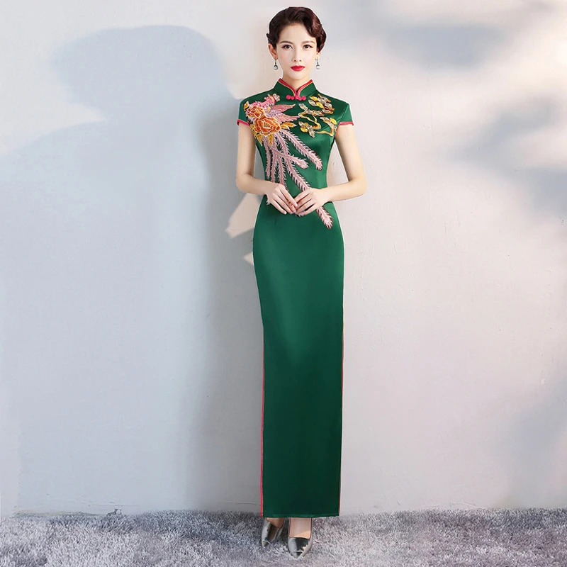 

S-4XL Green Ladies Long Cheongsam Spring Summer Chinese style Mandarin Collar Dress Womens Qipao Slim Party Dresses Vestido
