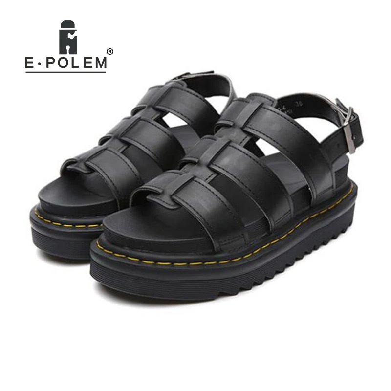 

Designer Women Open Toe Pumps Genuine Leather Flatform Strap Sandals Black/White Ladies Slingback Harajuku Sandal Shoes