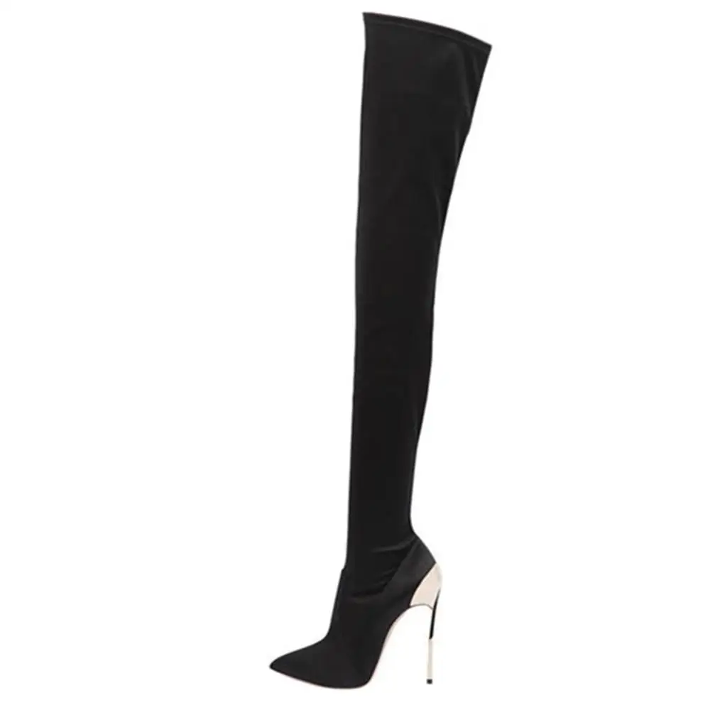 BuonoScarpe/женские ботфорты выше колена на высоком каблуке 12 см женские эластичные сапоги до бедра, цвета: розовый, красный, черный Вечерние туфли на шпильке - Цвет: black