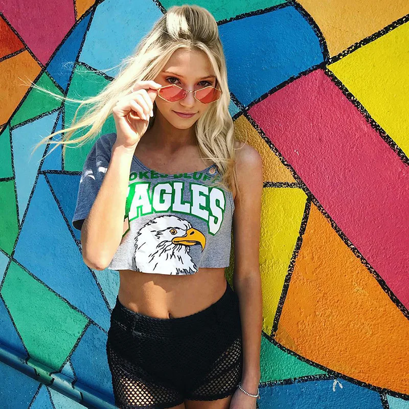 

2018 Summer Stylish Irregular Cutting Single Shoulder Short T-shirt Women Eagle Pattern Short Tee Stretch Fabric