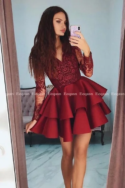 burgundy Бордовое короткое коктейльное платье с длинными рукавами и аппликацией, свадебное платье с v-образным вырезом, недорогое коктейльное платье для вечеринки размера плюс - Цвет: burgundy