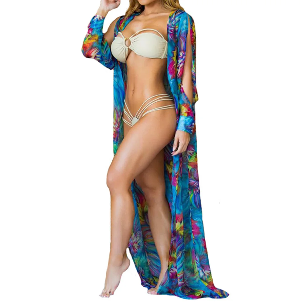 Для женщин Летняя Пляжная одежда Цветочный Бикини Новый Cover Up разрез рукавом