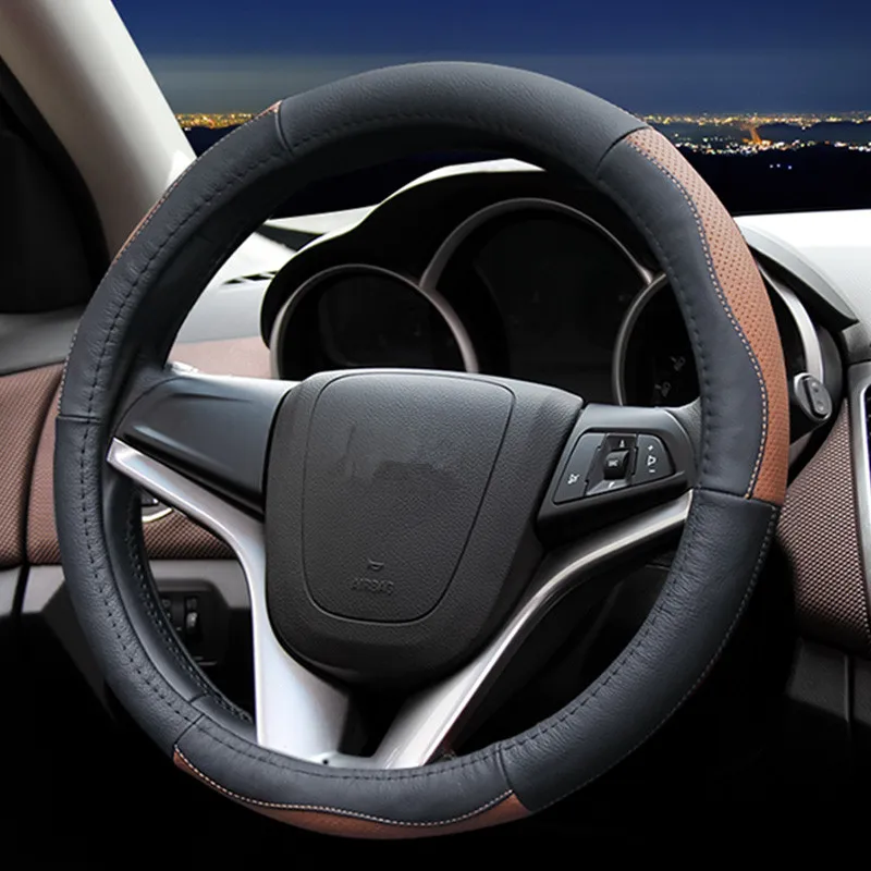 Высокое качество кожаный чехол на руль автомобиля четыре сезона универсальные автомобильные аксессуары для Chevrolet cruze mrlibu SAIL trax aveo - Название цвета: black and brown
