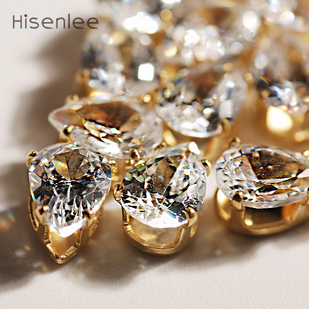 Hisenlee AAA 5*7 мм кристально чистая форма капли изысканный 3D кубический цирконий драгоценный камень Золотой один коготь Набор DIY Кристалл Камень 50 шт