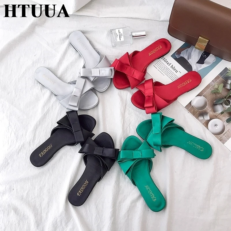HTUUA/Новинка 2019 года модные атласные женские шлепанцы с бантом Летняя обувь на