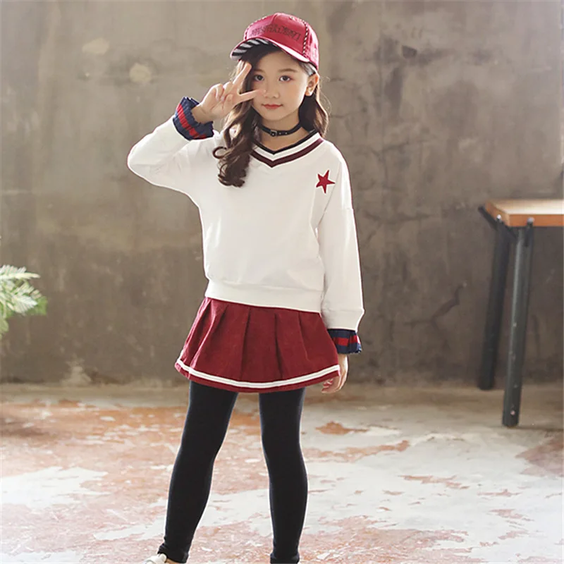 

Baby Girls Suits Kids Clothes 2018 New Autumn Fashion White Shirt+Red Skirt Sets Children Clothing Girls