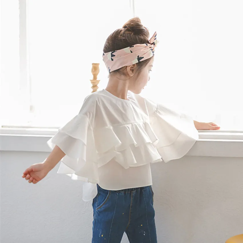 Everweekend Girls Kids White Color Ruffles Tops Bell Sleeve Sweet Baby Western Holiday New Fashion Tees | Детская одежда и обувь