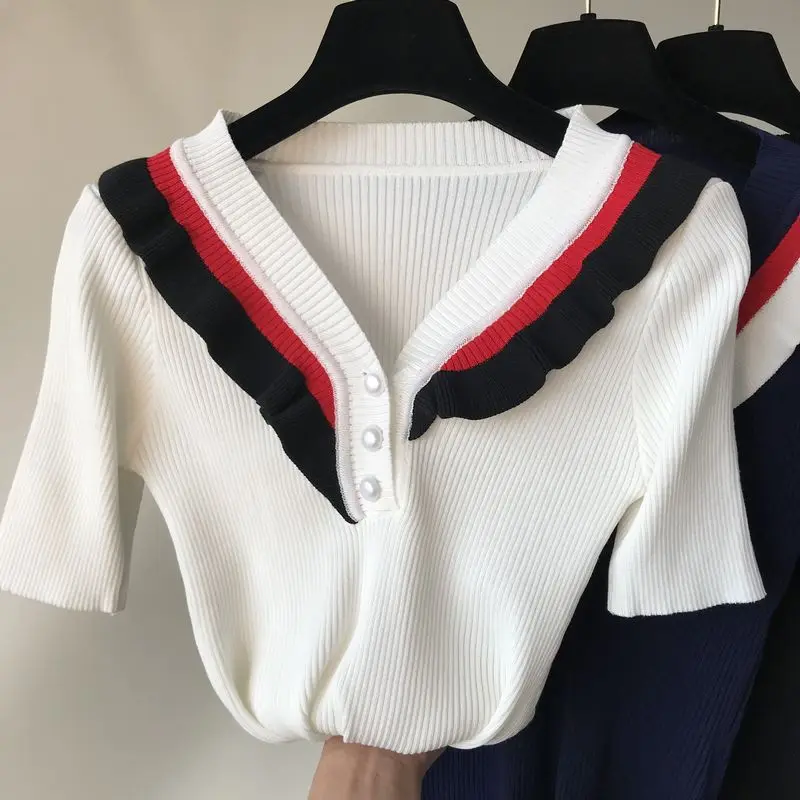 Amolapha Women V neck Button Knitted Short Sleeve Sweater Pullovers Ruffles Knit Jumper Tops Tees | Женская одежда