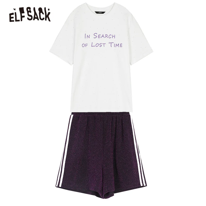 

ELFSACK Glitter Casual Women Set Letter Embroidery White Women Tee & Purple Loose Shorts 2019 Summer Fashion Female Suits