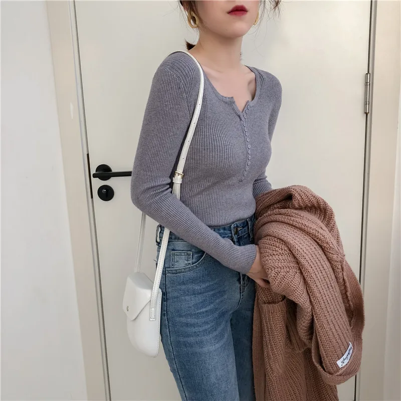 Spring V-neck Single Breasted Women Sweater Skinny Elastic Full Sleeve Knitted Pullovers Feminino Soft Femme Winter Jumper 2019 | Женская