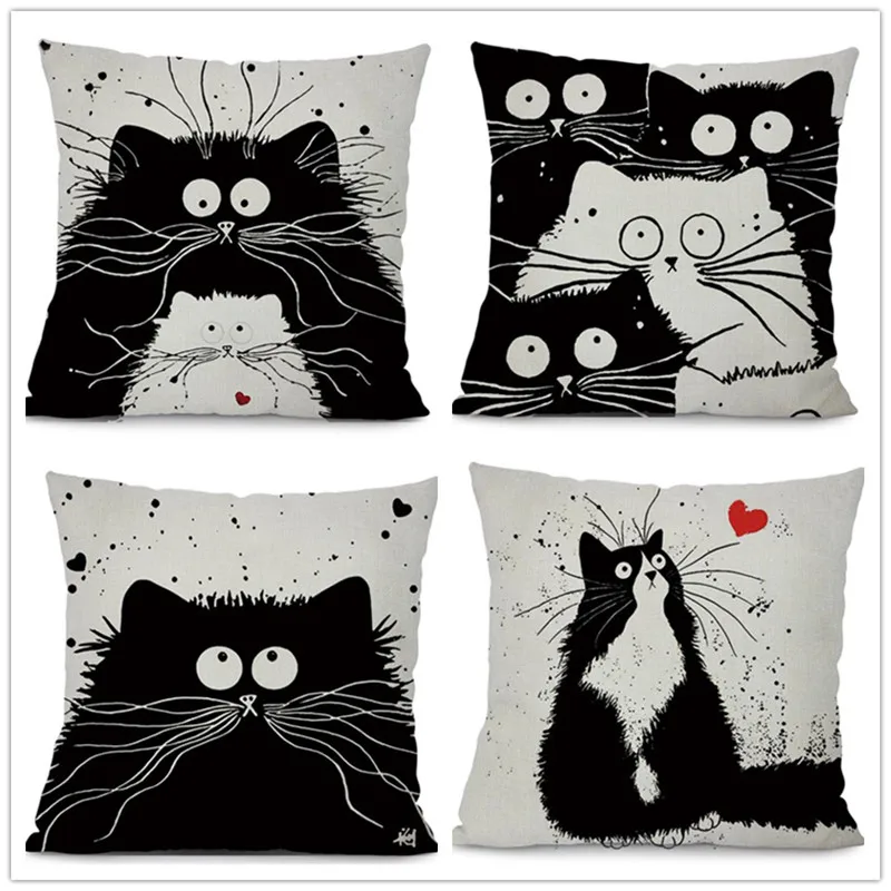 

Pillow Cover Cartoon Black White Cute Cats Printed Decorative Sofa Cushion Covers Modern Home Decor Pillowcase