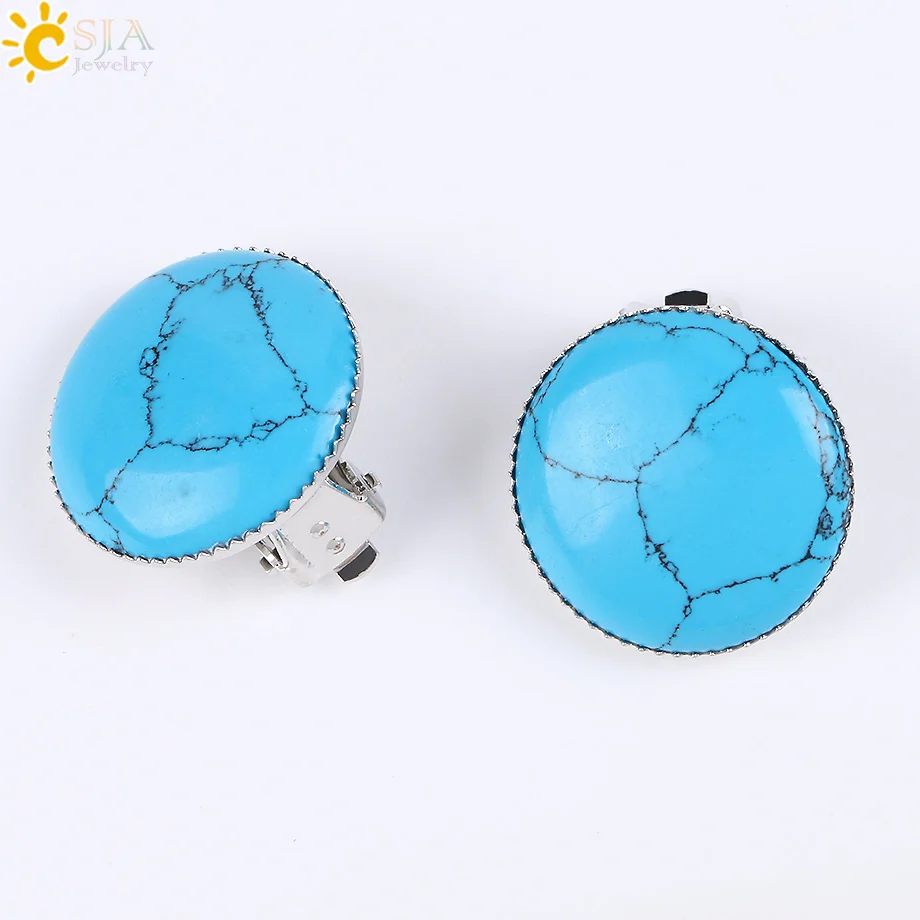 Blue Turquoise CSJA для женщин девушек летние ювелирные изделия круглый натуральный камень зажим в форме шарика на серьги для не прокалывать отверстие уши E167 - Окраска металла: Blue Turquoise