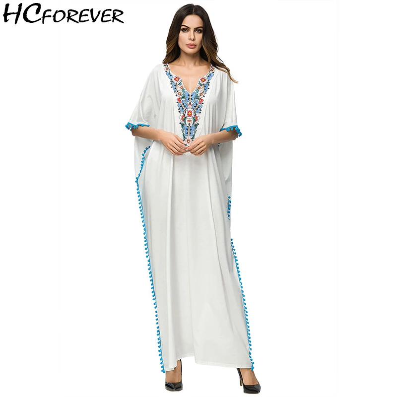 Летние Винтаж Boho пляж белый Платье макси с цветочной вышивкой в богемном стиле