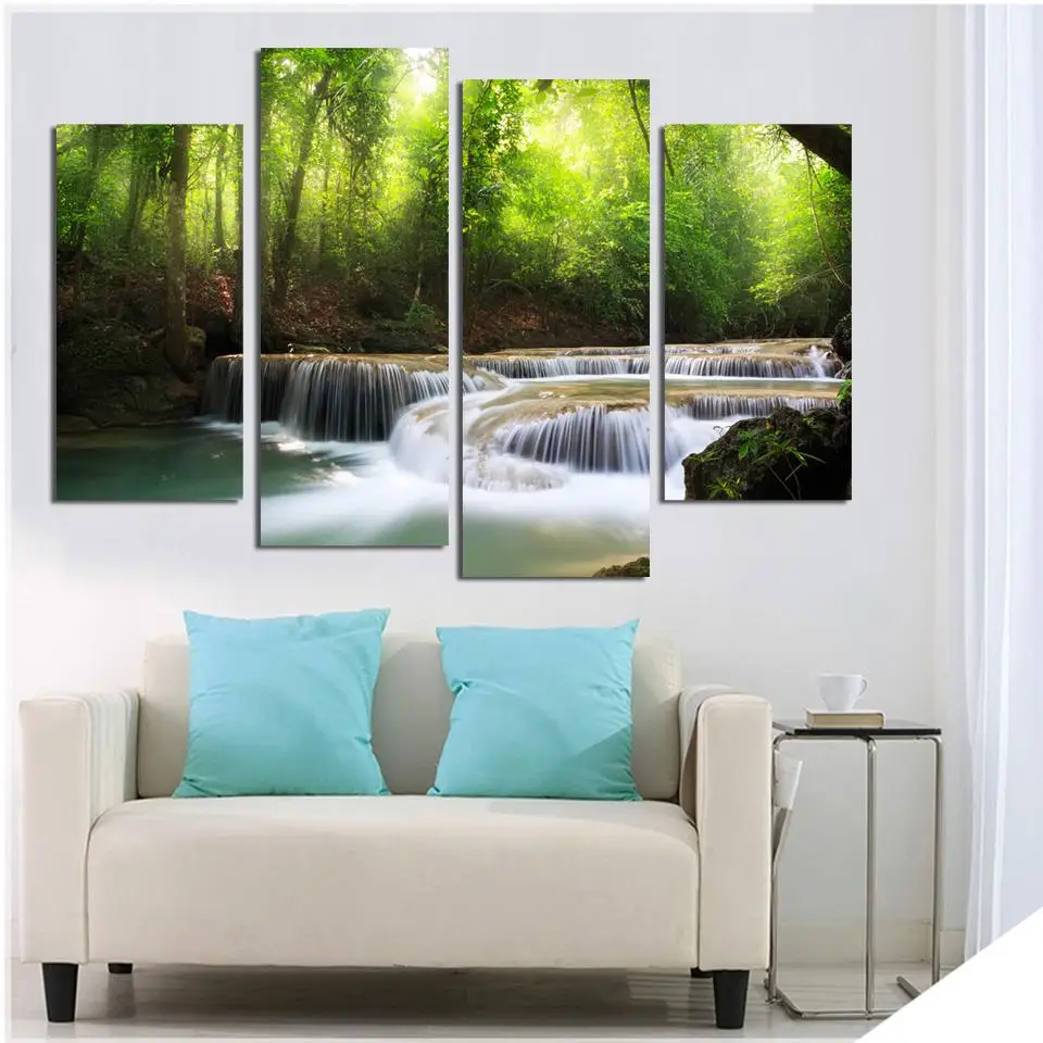 4Panel Modern Prints Forest River Painting Pictures Cuadros Canvas Art Landscape Paintings For Living Room Unframed | Дом и сад