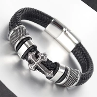 classical multi layer handmade leather chain weaved man bracelets fashion new magnet clasp 316l stainless steel wristband cross