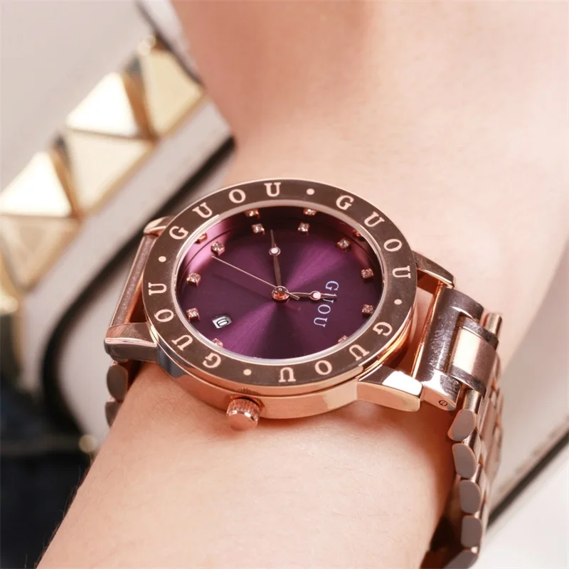 Модные женские Часы GUOU Топ люксовый бренд для дам Золотые кварцевые часы платье