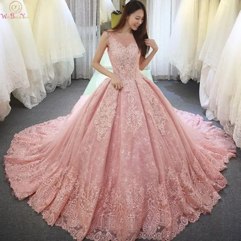 

Pink Scoop Neck Princess Wedding Dresses 2019 New Elegant Vestido De Noiva Appliques Ball Gown Luxurious Lace Bridal Dress
