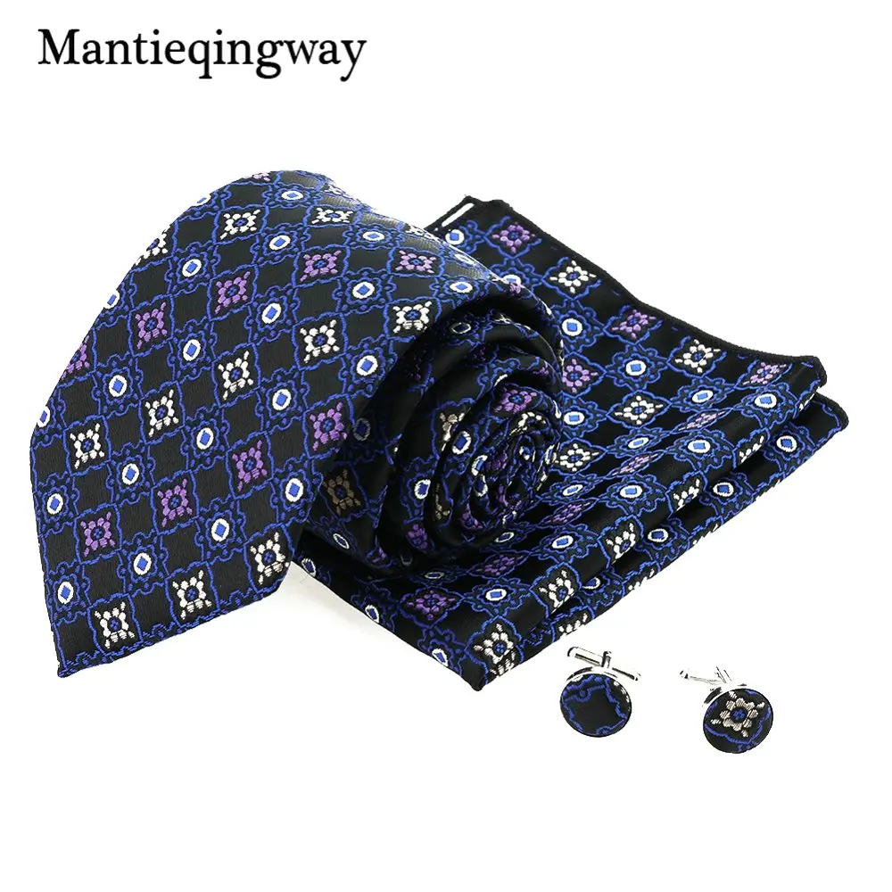 035 Mantieqingway 60 цветов галстук носовой платок Запонки Наборы для мужчин бизнес цветочные полосы печатных шеи галстук носовой Запонки Набор - Цвет: 035