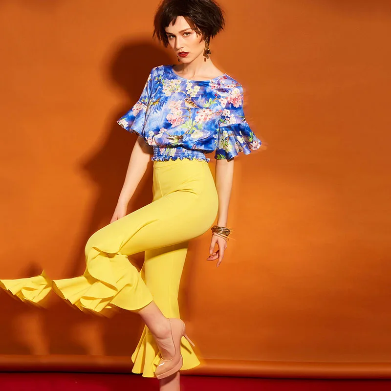 Women 2018 Spring Shirt Butterfly Sleeve Floral Ruffles Vacation Round Neck Lady Summer Fashion Casual Shirts |