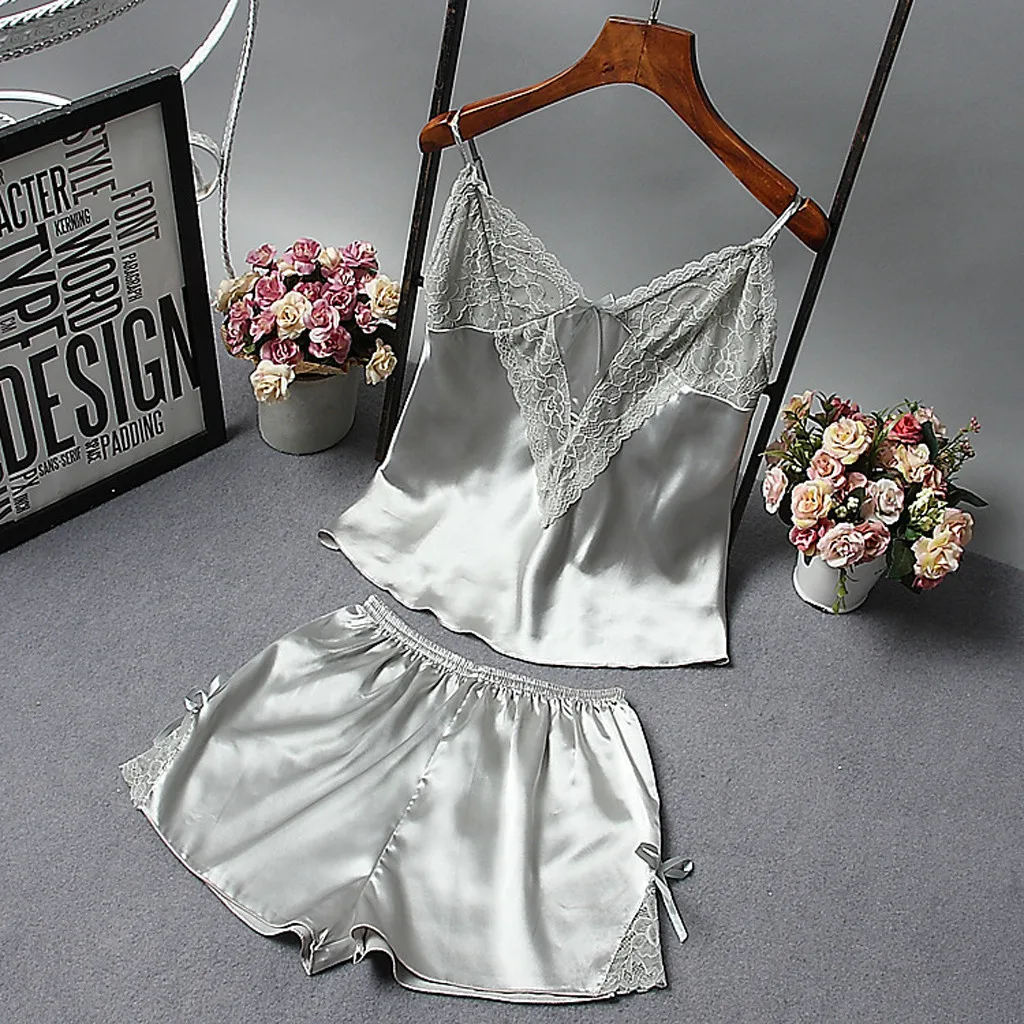 Womens Sexy Satin Sling Sleepwear Lingerie Lace Bowknot Nightdress Underwear Set exy Women | Женская одежда