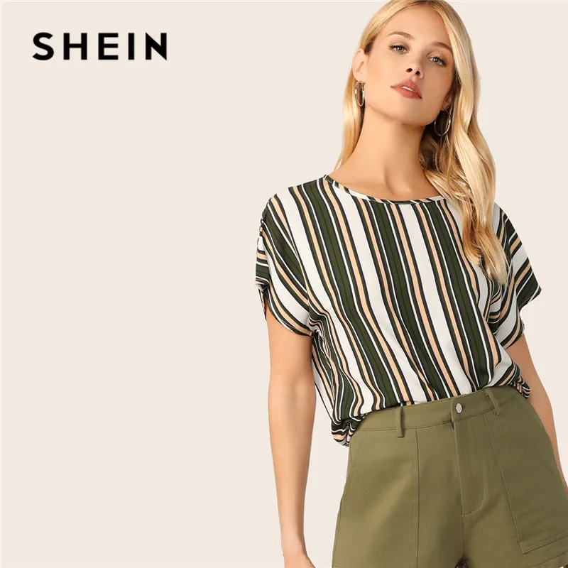 SHEIN летняя блузка в полоску с замочной скважиной на спине, Женские топы и блузки, повседневные женские топы с рукавом «летучая мышь» и круглым вырезом