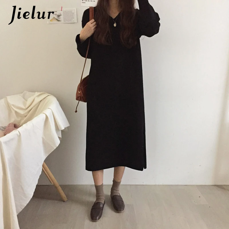 Jielur свитер платье для женщин Chic корейский Стиль Новый v образный вырез теплый