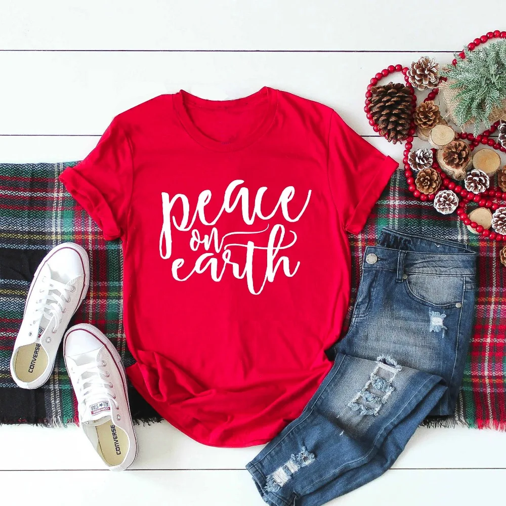 

Peace on Earth slogan red t-shirt 90s fashion women unisex street style Christmas shirt aesthetic tumblr grunge casual tees tops