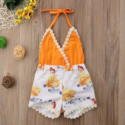 Cartoon Princess Rompers Halter Summer Baby Girl V Neck Sleeveless Backless Floral Jumpsuit Sunsuit Toddler One-Piece Clothes | Детская