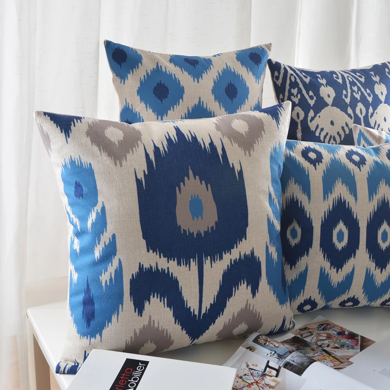Льняная наволочка домашний декоративный чехол для подушки Ikat синий серый