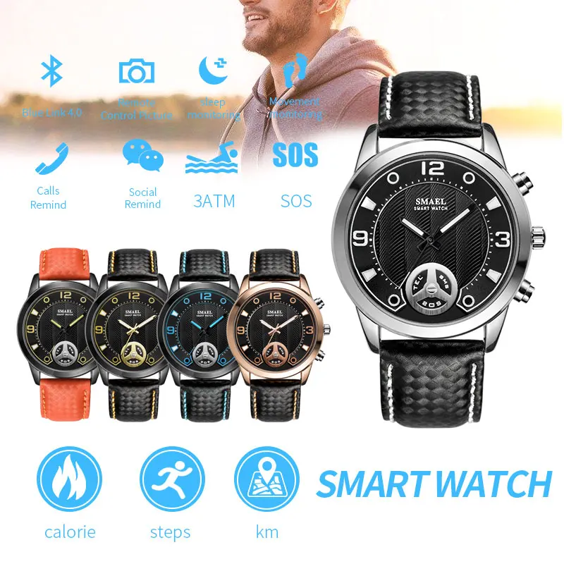 Водонепроницаемые часы с Bluetooth, SMAEL, мужские часы, спортивные, relogio masculino, большие часы для мужчин, умные, SL1385, мужские, s, цифровые часы, военные