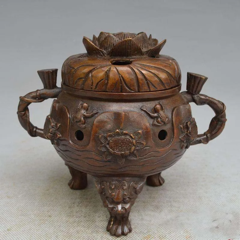 China carved frog luck Red copper water lily incense burner Statue | Дом и сад