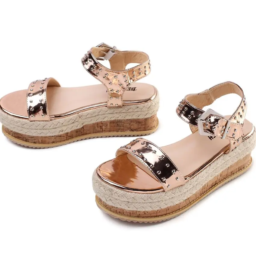 Женские сандалии на платформе золотистые или Серебристые Эспадрильи танкетке с