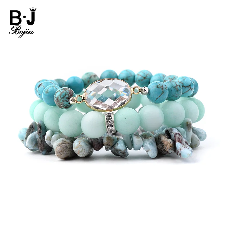 

BOJIU 3 Pcs/Set Natural Stone Pear Crystal Charm Bracelets For Women Jewelry Blue Howlite Stretch Chips Beads Bracelets BCSET152