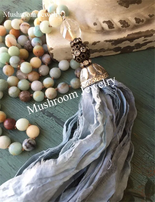 Long Hand Knot Natural Amazonite Stone Beads Necklace Boho Sari Silk Tassel Pendant