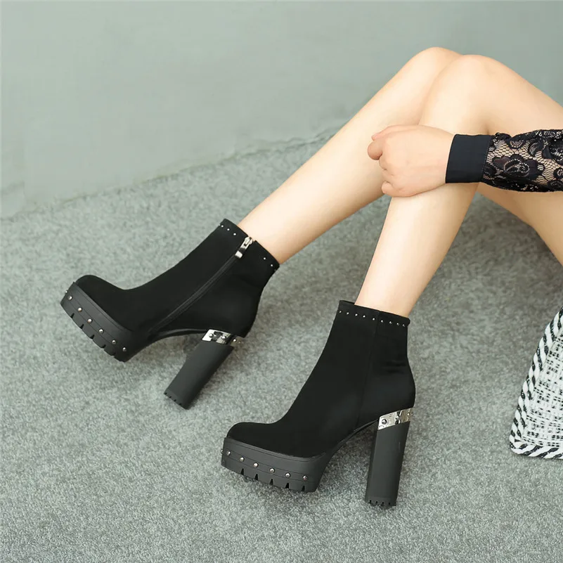 

Meotina Winter Ankle Boots Women Natural Genuine Leather Zip Platform Block Heel Short Boots Rivets Super High Heel Shoes Autumn