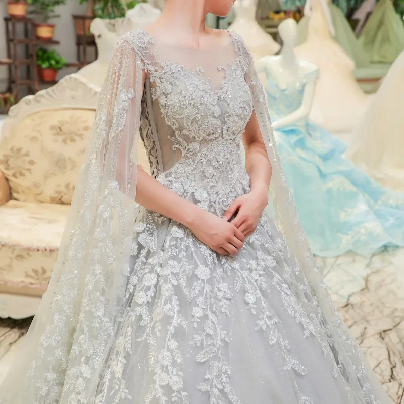 Роскошное светло-серое свадебное платье 2018 нежное Цветочное с кристаллами