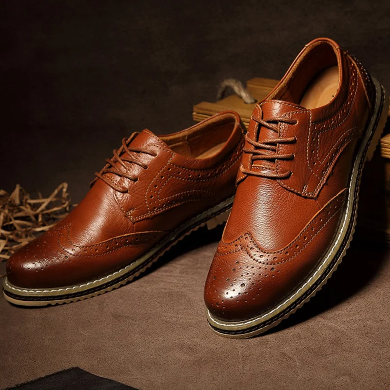 Fashion Men Shoes outdoor Oxfords brogue Brand Casual Shoeslace up genuine Leather For Flats shoes L5 | Обувь