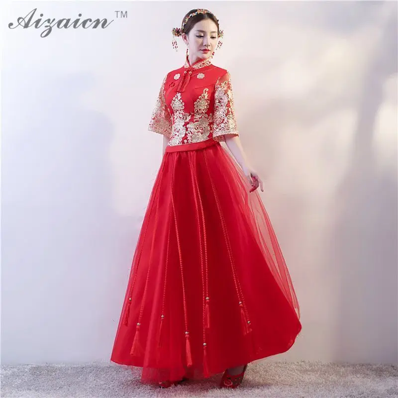 2020 New Red Chinese Wedding Dress Qipao Tassel Embroidery Cheongsam China Bride Marry Vintage Gown Qi Pao Women Orientale Robe