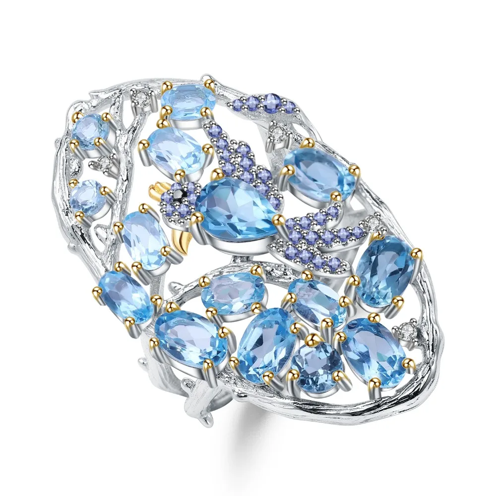 

GEM'S BALLET 6.12Ct Natural Swiss Blue Topaz Ring 925 Sterling Silver Handmade Forest Bird Ring for Women Wedding Fine Jewelry