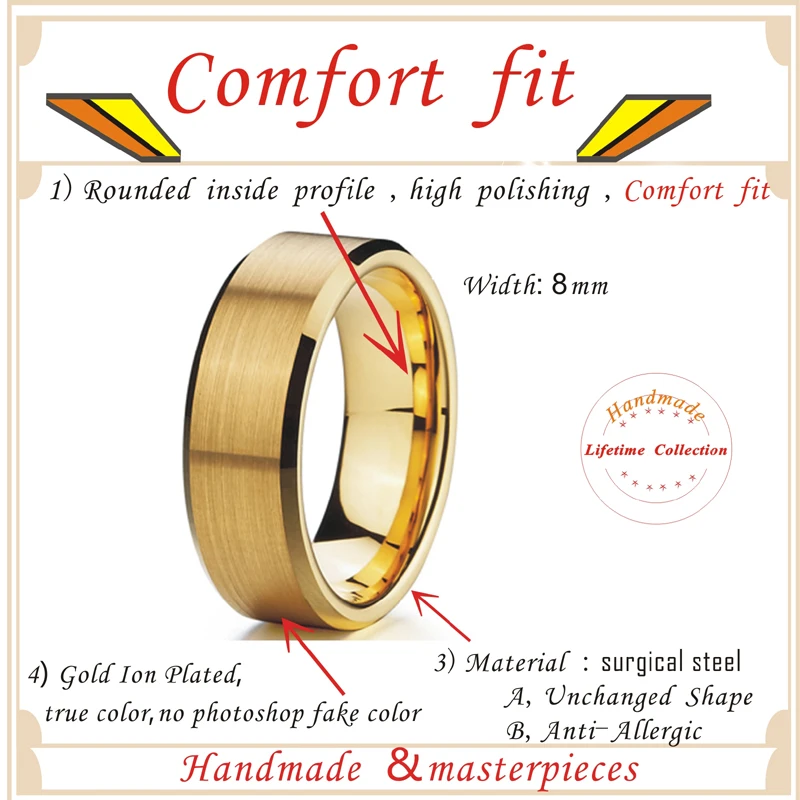 Мужское титановое кольцо 8 мм золотого цвета мужские ювелирные изделия кольца
