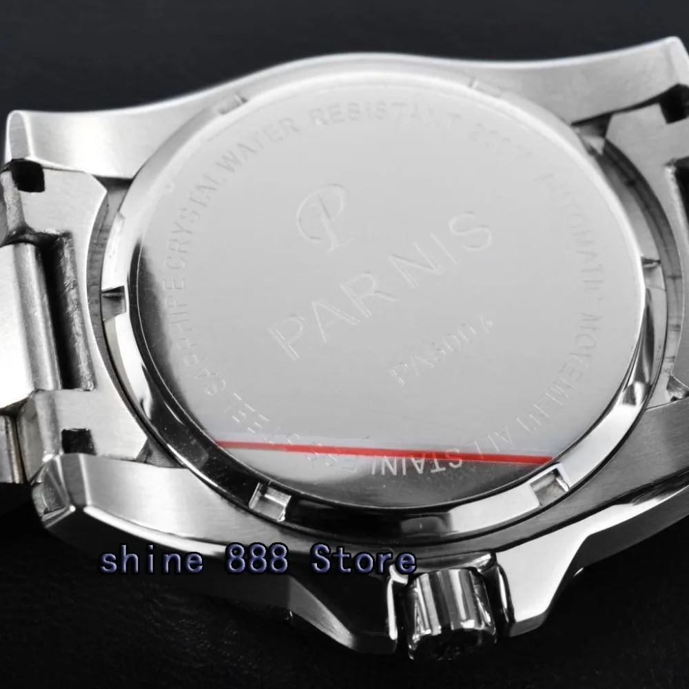 Мужские часы с черным циферблатом PARNIS водонепроницаемые 20ATM сапфировым стеклом